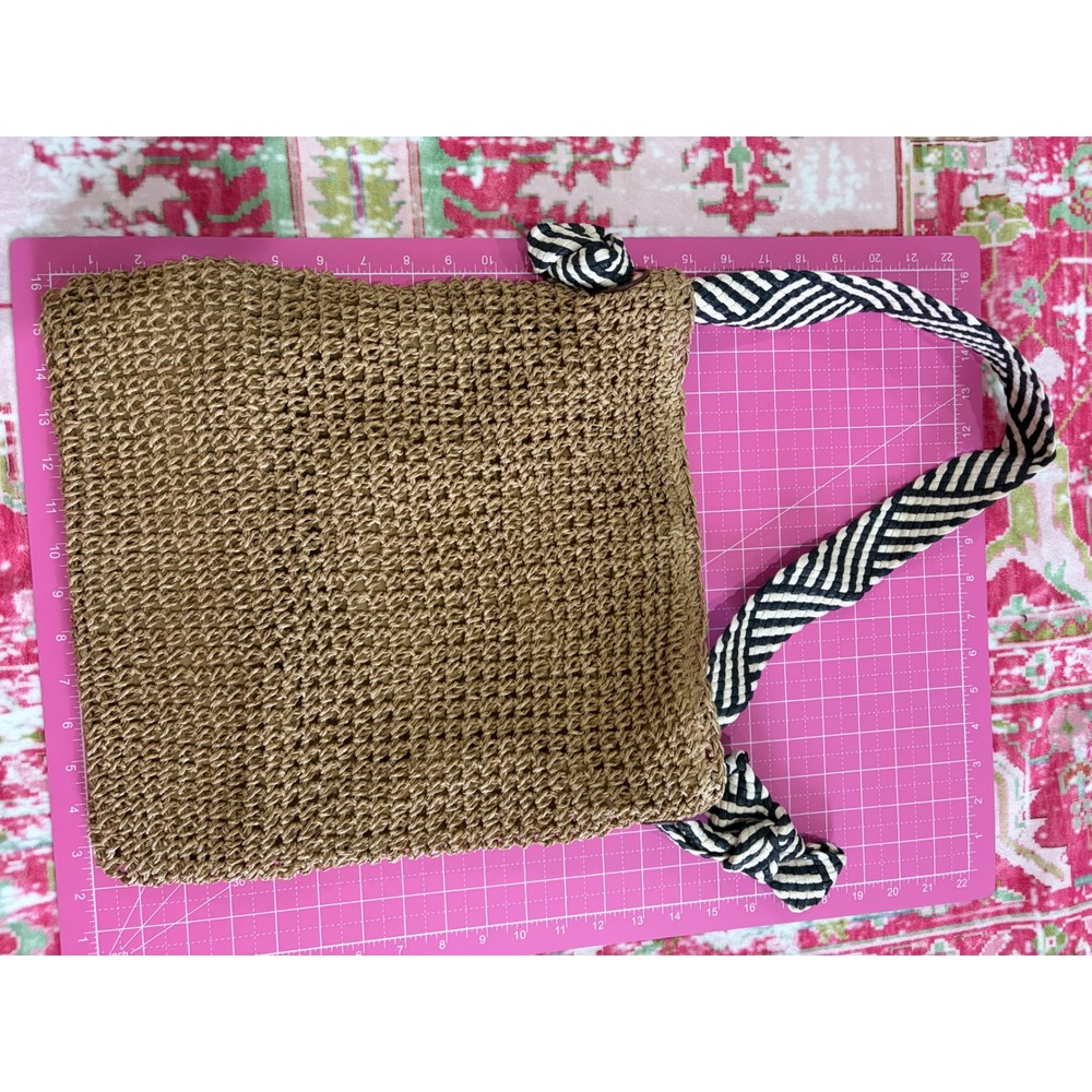 Woven Straw Tote Bag Tan Brown Striped Knotted Strap Boho Beach Shoulder Bag - Picture 5 of 6